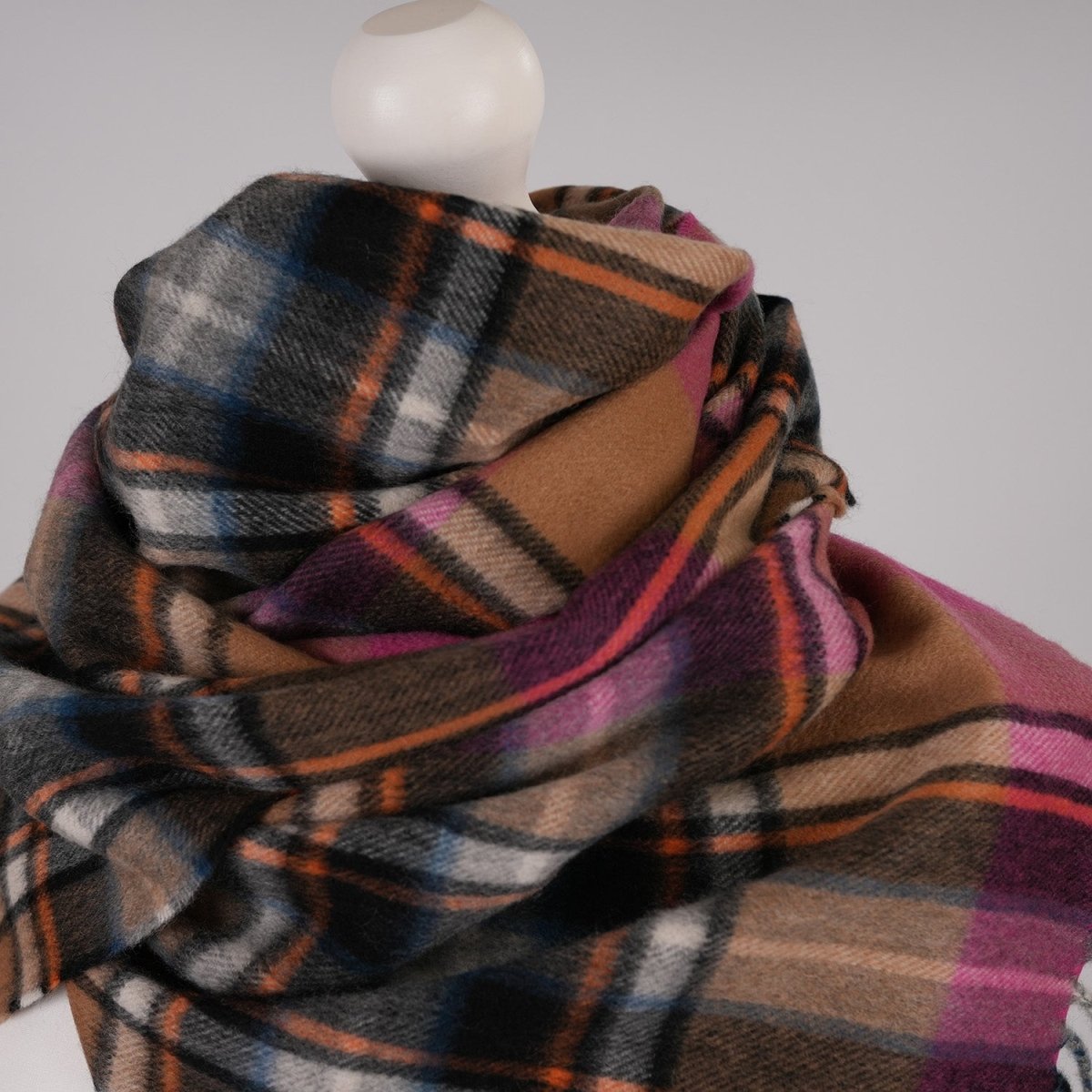 Balmoral 100% Cashmere Woven Scarf Tartan and Checks - Made in Scotland - EXPLODED BRUCE CAMEL - Heritage Of Scotland -