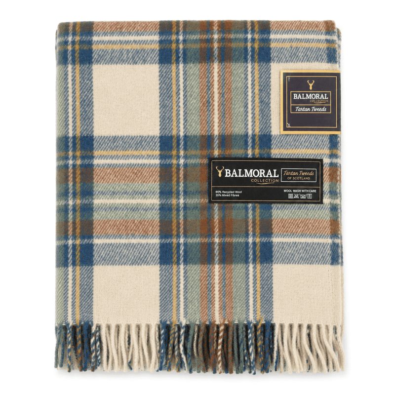 Balmoral Highland Wool Blend Scottish Tartan Blanket Throw - Recycled Wool - 155 x 190 cm - STEWART MUTED BLUE - Heritage Of Scotland -