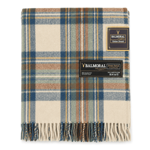 Balmoral Highland Wool Blend Scottish Tartan Blanket Throw - Recycled Wool - 155 x 190 cm - STEWART MUTED BLUE - Heritage Of Scotland -