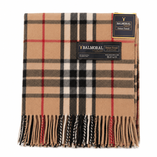 Balmoral Highland Wool Blend Scottish Tartan Blanket Throw - Recycled Wool - 155 x 190 cm - THOMSON CAMEL - Heritage Of Scotland -