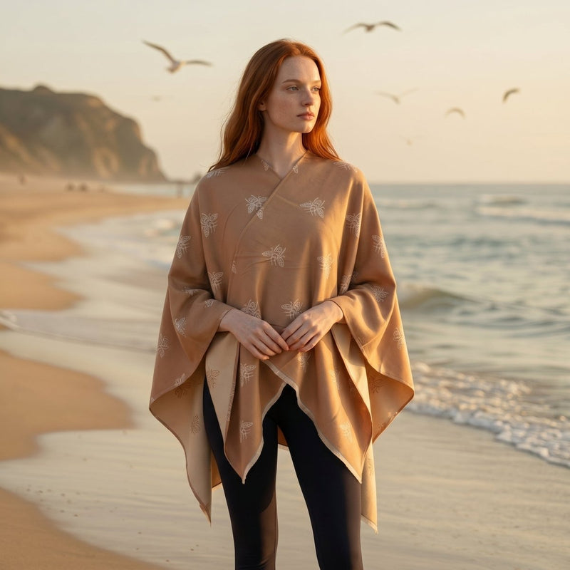 Beige Bee Print Reversible Wrap Cape for Women - LIGHT BEIGE AND CREAM - Heritage Of Scotland -