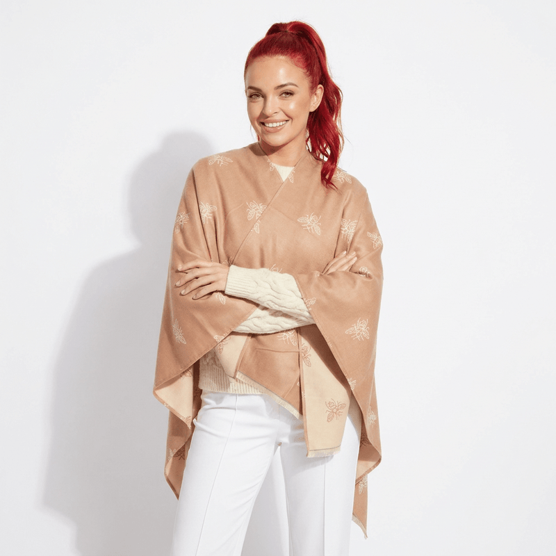 Beige Bee Print Reversible Wrap Cape for Women - LIGHT BEIGE AND CREAM - Heritage Of Scotland -