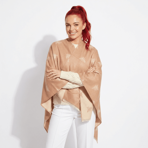 Beige Bee Print Reversible Wrap Cape for Women - LIGHT BEIGE AND CREAM - Heritage Of Scotland -