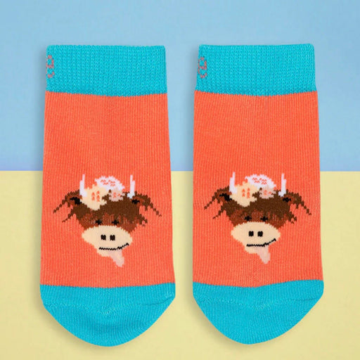 Bonnie Highland Cow Socks - Heritage Of Scotland - SALMON/BLUE