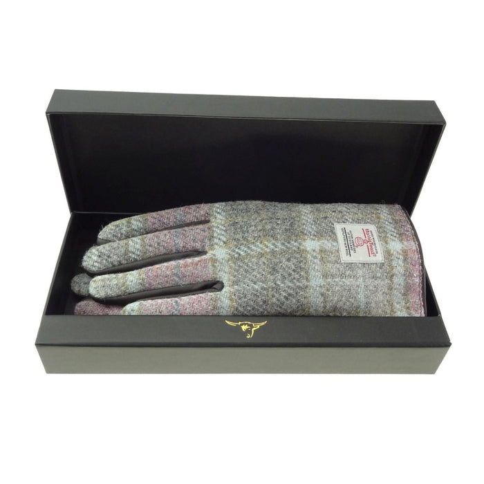 Boxed Harris Tweed and Brown Leather Ladies Gloves - Heritage Of Scotland - COL134 / MED