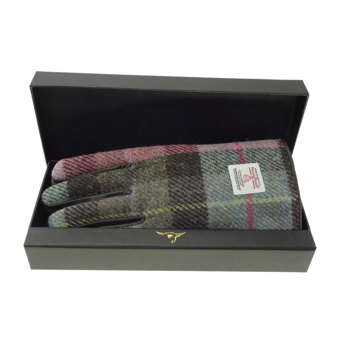 Boxed Harris Tweed and Brown Leather Ladies Gloves - Heritage Of Scotland - COL137 / SML