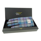 Boxed Harris Tweed and Brown Leather Ladies Gloves in Blue/Purple Check on Grey (COL098) - Heritage Of Scotland - Large