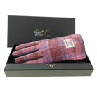Boxed Harris Tweed and Brown Leather Ladies Gloves in Pink Check (COL103) - Heritage Of Scotland - Large