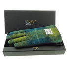 Boxed Harris Tweed and Brown Leather Ladies Gloves in Sea Blue /Green Tartan (COL114) - Heritage Of Scotland - Large