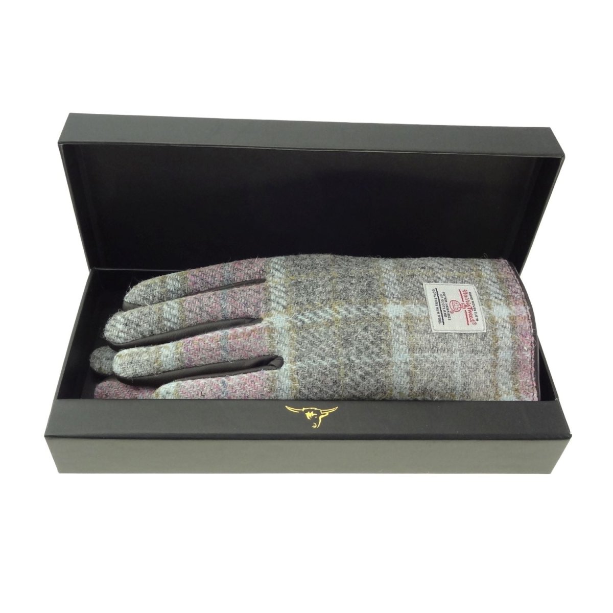 Boxed Harris Tweed and Brown Leather Ladies Gloves in Soft Pink Buchanan (COL134) - Heritage Of Scotland - Large