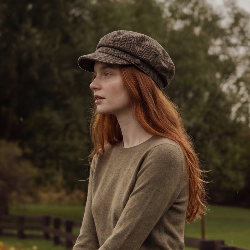 Brown Herringbone Harris Tweed Baker Boy Flat Cap - Heritage Of Scotland -