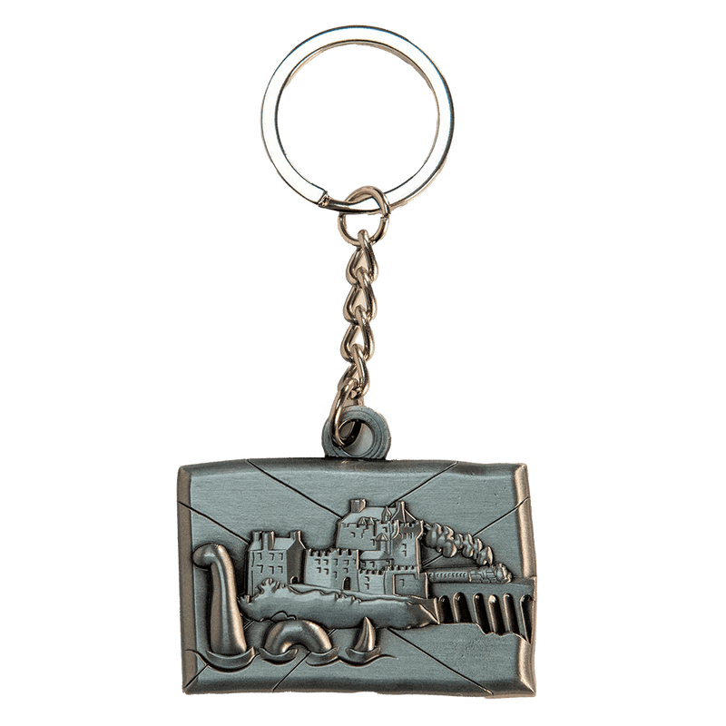 Brushed Metal Scottish Keyring – Nessie, Coo, Collage & More - Heritage Of Scotland - Nessie Collage