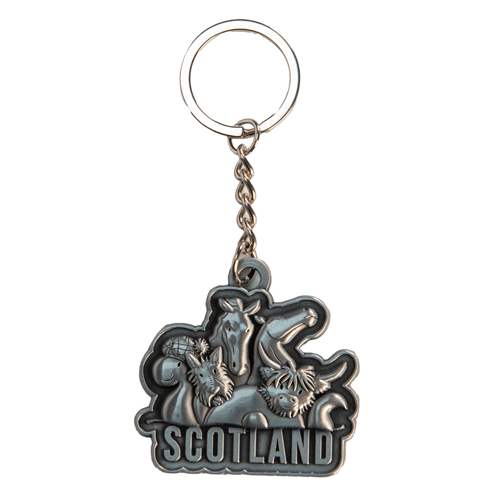 Brushed Metal Scottish Keyring – Nessie, Coo, Collage & More - Heritage Of Scotland - Scotland Collage