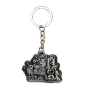 Brushed Metal Scottish Keyring – Nessie, Coo, Collage & More - Heritage Of Scotland - Scotland Dancers Collage