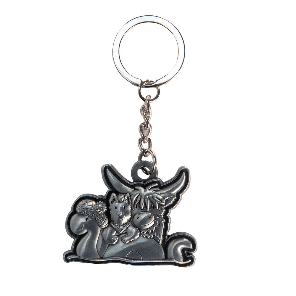 Brushed Metal Scottish Keyring – Nessie, Coo, Collage & More - Heritage Of Scotland - Trio Character