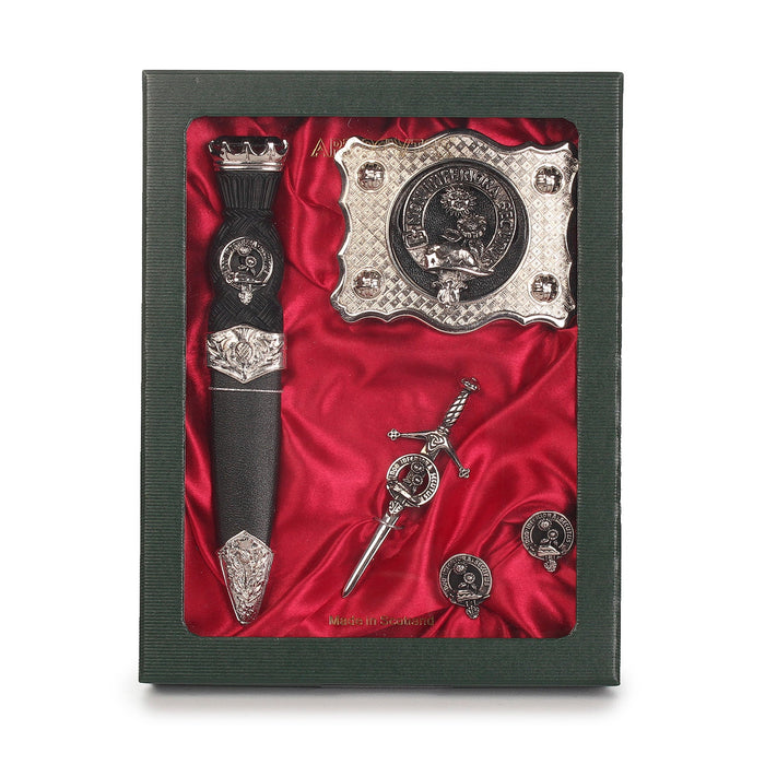 Buchan Clan Badge, Kilt Pin, Lapel Pin, Cufflinks, Keyring/Key Fob & Gift Set — Fine Pewter by Art Pewter — Made in Scotland (Shiny Finish) - Heritage Of Scotland - Gift Set