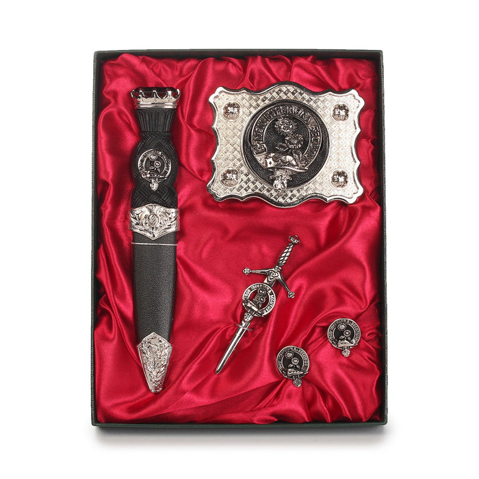 Buchan Clan Badge, Kilt Pin, Lapel Pin, Cufflinks, Keyring/Key Fob & Gift Set — Fine Pewter by Art Pewter — Made in Scotland (Shiny Finish) - Heritage Of Scotland - Gift Set