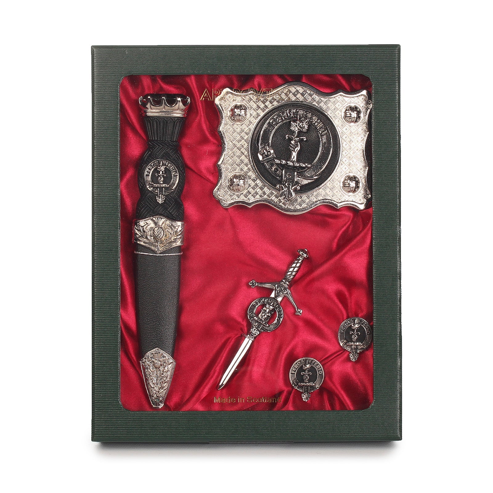 Chisholm Clan Badge, Kilt Pin, Lapel Pin, Cufflinks, Keyring/Key Fob & Gift Set — Fine Pewter by Art Pewter — Made in Scotland (Shiny Finish) - Heritage Of Scotland - Gift Set