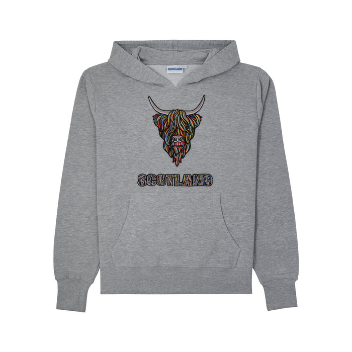 Colourful Highland Cow Embroidered Hood - Heritage Of Scotland - HEATHER/GREY