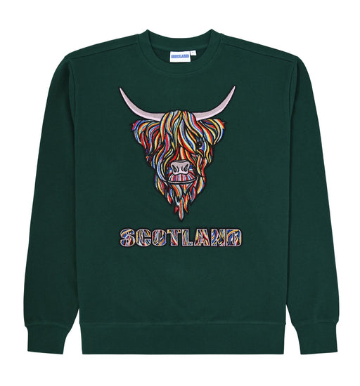 Colourful Highland Cow Embroidered Sweat - Heritage Of Scotland - BOTTLE GREEN