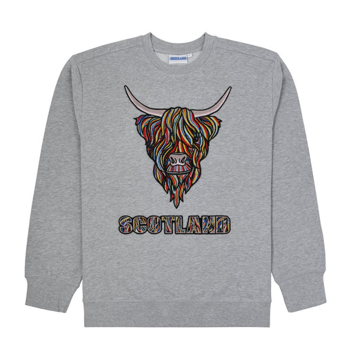 Colourful Highland Cow Embroidered Sweat - Heritage Of Scotland - HEATHER/GREY