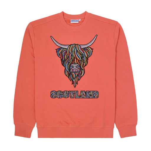 Colourful Highland Cow Embroidered Sweat - Heritage Of Scotland - PASTEL RED