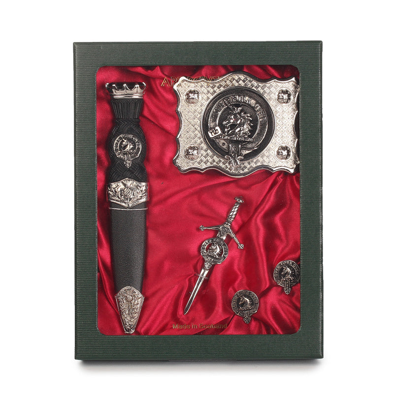 Cunningham Clan Badge, Kilt Pin, Lapel Pin, Cufflinks, Keyring/Key Fob & Gift Set — Fine Pewter by Art Pewter — Made in Scotland (Shiny Finish) - Heritage Of Scotland - Gift Set