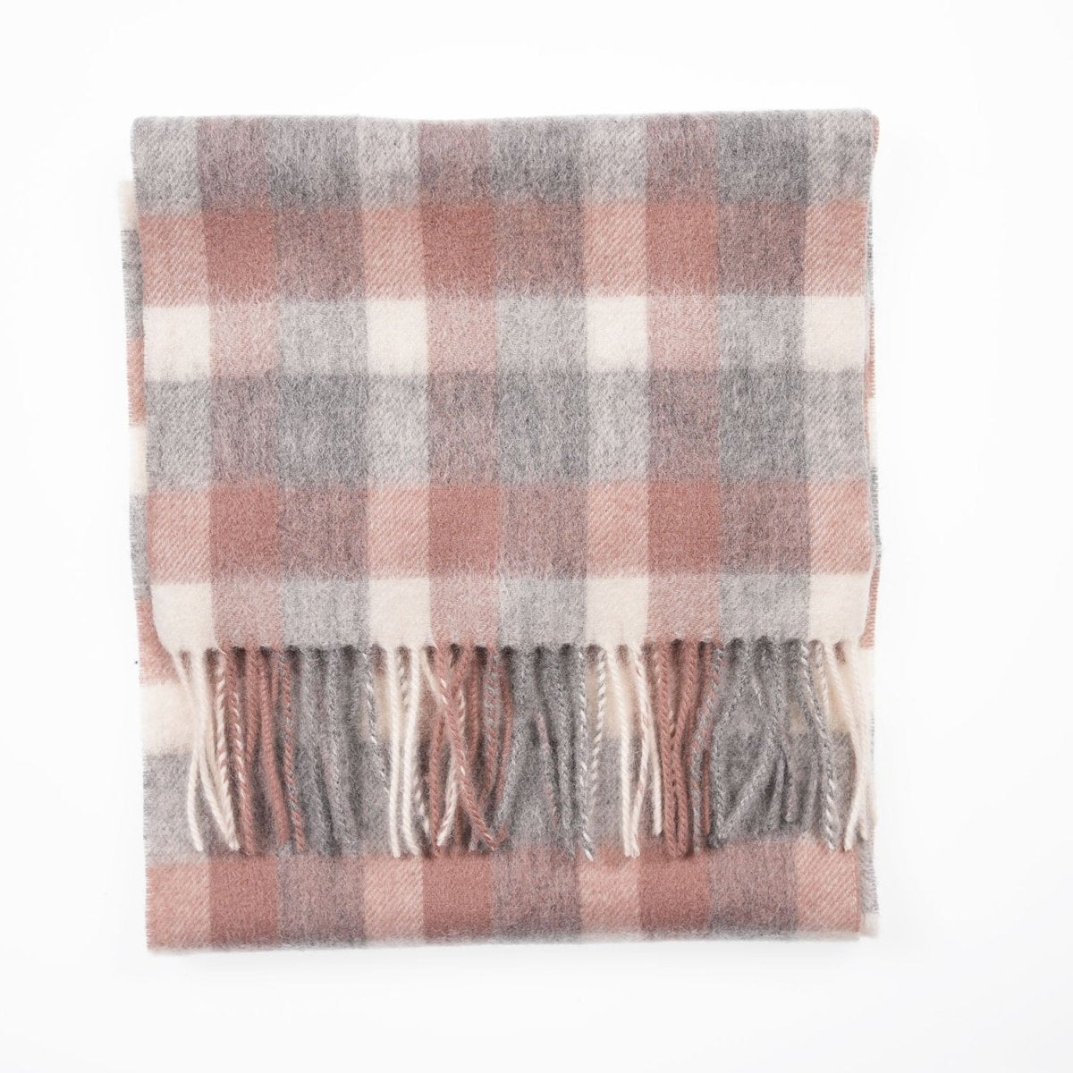 Edinburgh 100% Lambswool Scarf – Premium Soft Wool Wrap - Big Check Muted White and Pink - Heritage Of Scotland -