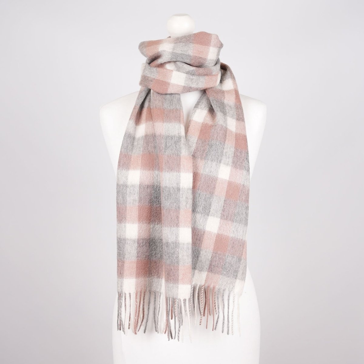 Edinburgh 100% Lambswool Scarf – Premium Soft Wool Wrap - Big Check Muted White and Pink - Heritage Of Scotland -