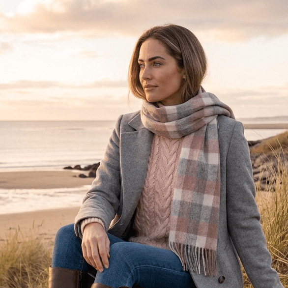 Edinburgh 100% Lambswool Scarf – Premium Soft Wool Wrap - Big Check Muted White and Pink - Heritage Of Scotland -
