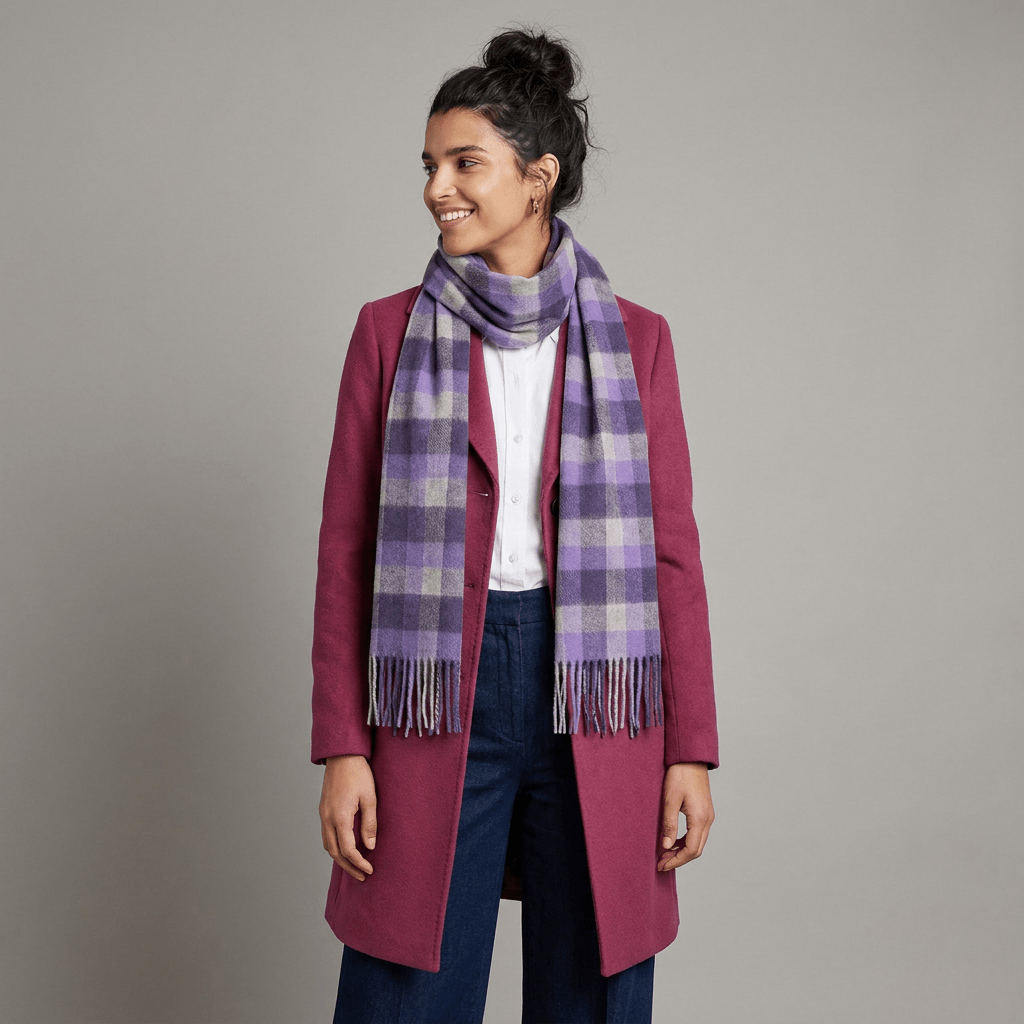 Edinburgh 100% Lambswool Scarf – Premium Soft Wool Wrap - Big Check Purple and Oyster - Heritage Of Scotland -