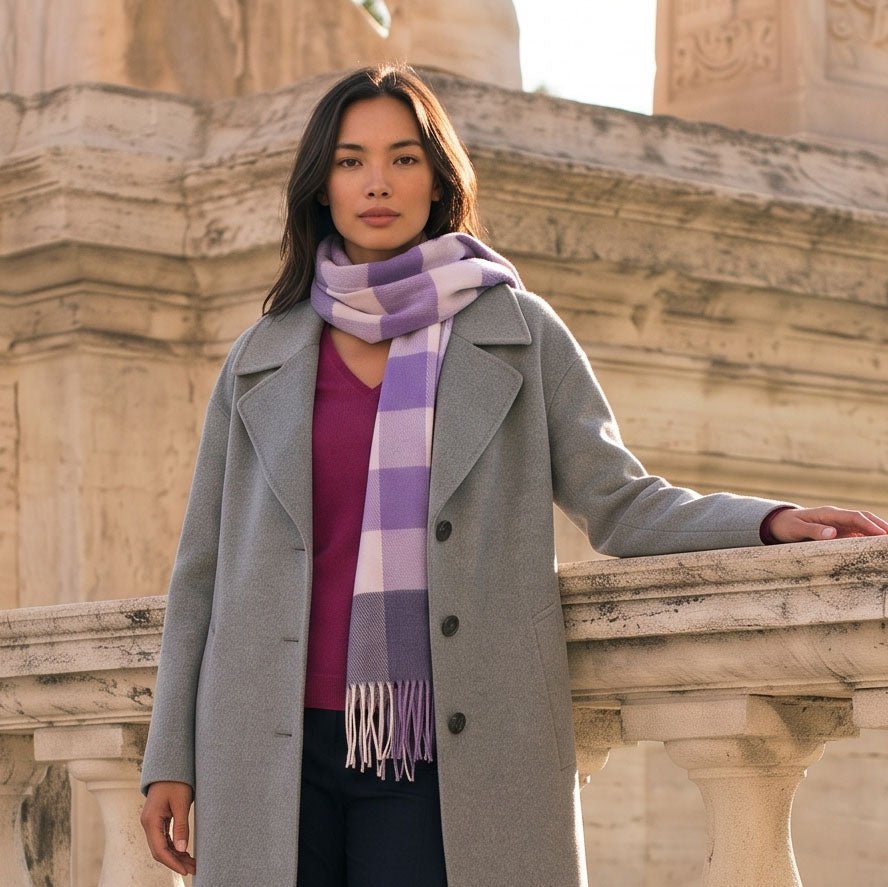 Edinburgh 100% Lambswool Scarf – Premium Soft Wool Wrap - Bursted Check Lavender - Heritage Of Scotland -