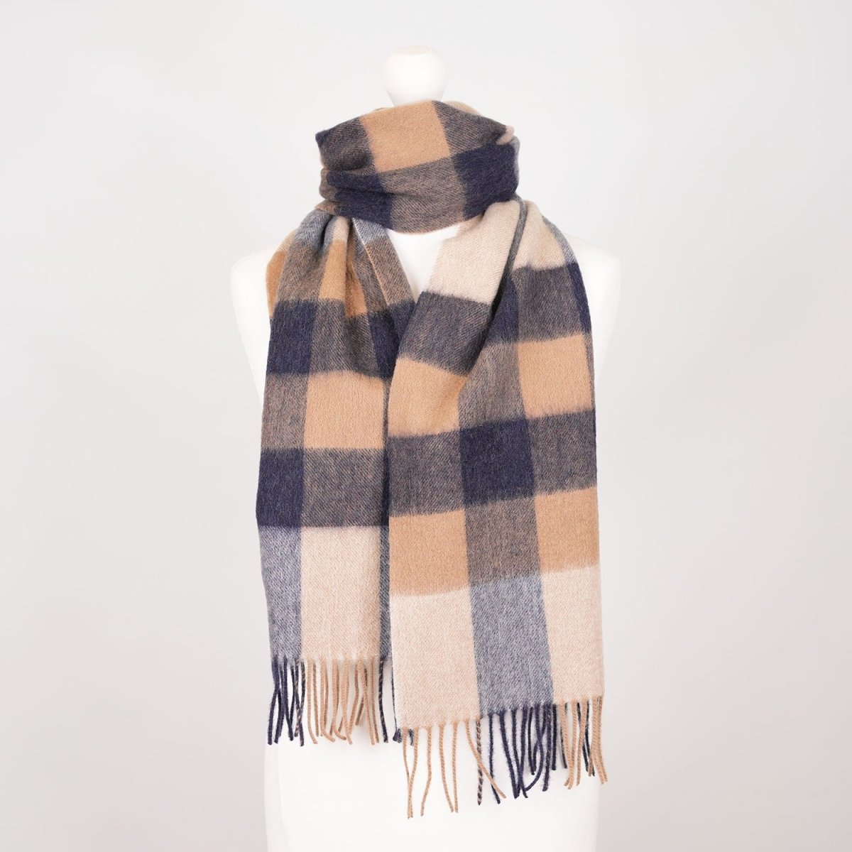 Edinburgh 100% Lambswool Scarf – Premium Soft Wool Wrap - Bursted Check Neutral and Navy - Heritage Of Scotland -