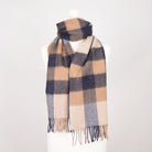 Edinburgh 100% Lambswool Scarf – Premium Soft Wool Wrap - Bursted Check Neutral and Navy - Heritage Of Scotland -
