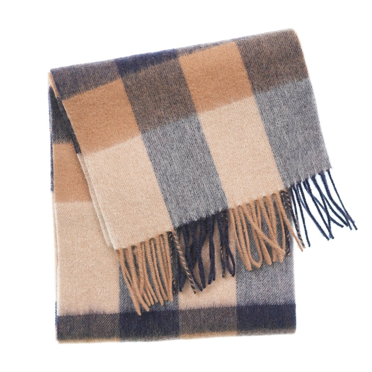 Edinburgh 100% Lambswool Scarf – Premium Soft Wool Wrap - Bursted Check Neutral and Navy - Heritage Of Scotland -