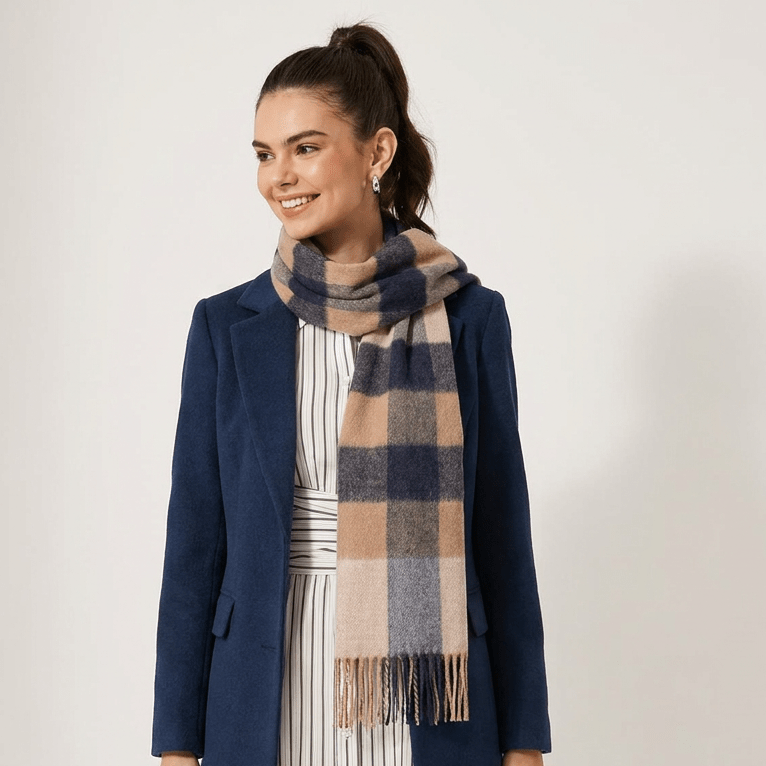 Edinburgh 100% Lambswool Scarf – Premium Soft Wool Wrap - Bursted Check Neutral and Navy - Heritage Of Scotland -