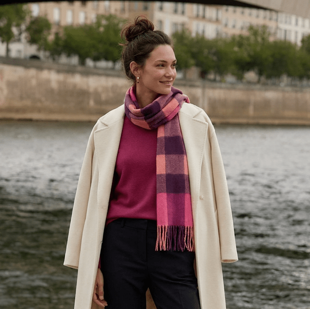 Edinburgh 100% Lambswool Scarf – Premium Soft Wool Wrap - Bursted Check Orange and Pink - Heritage Of Scotland -