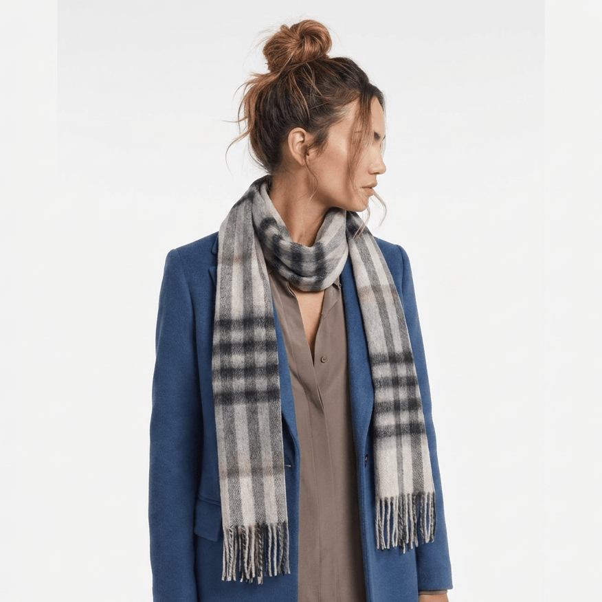 Edinburgh 100% Lambswool Scarf – Premium Soft Wool Wrap - Chequer Grey Light Yellow - Heritage Of Scotland -