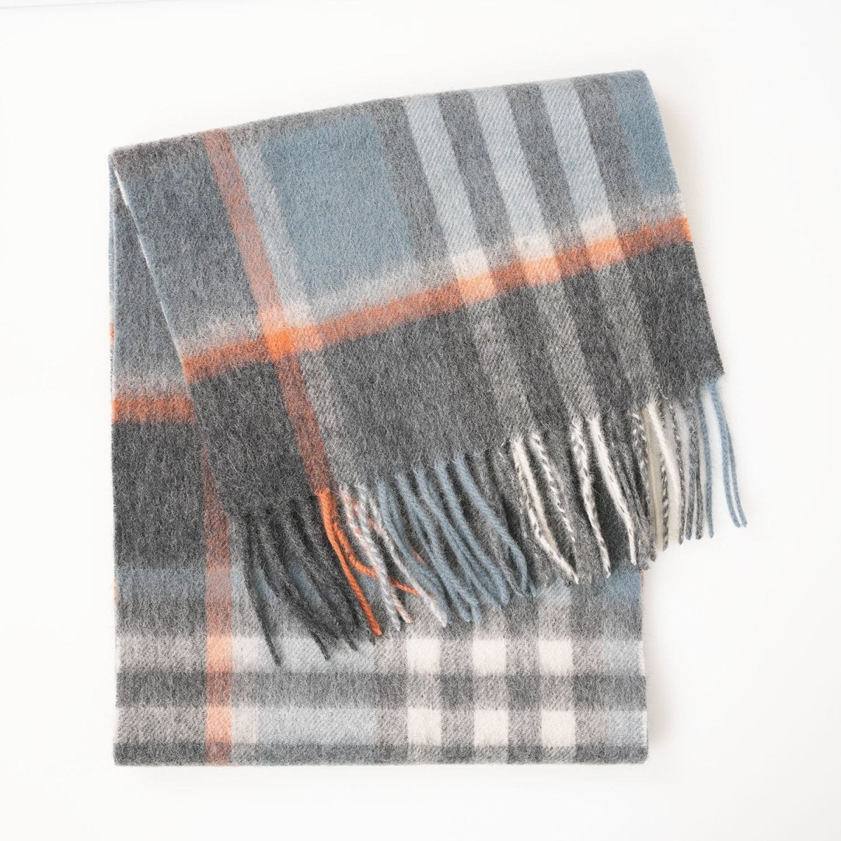 Edinburgh 100% Lambswool Scarf – Premium Soft Wool Wrap - Chequer Orange Grey Blue - Heritage Of Scotland -