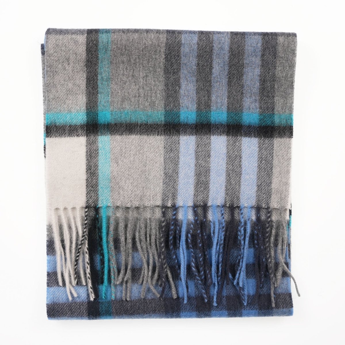Edinburgh 100% Lambswool Scarf – Premium Soft Wool Wrap - Chequer Tartan Bright Blue and Grey - Heritage Of Scotland -