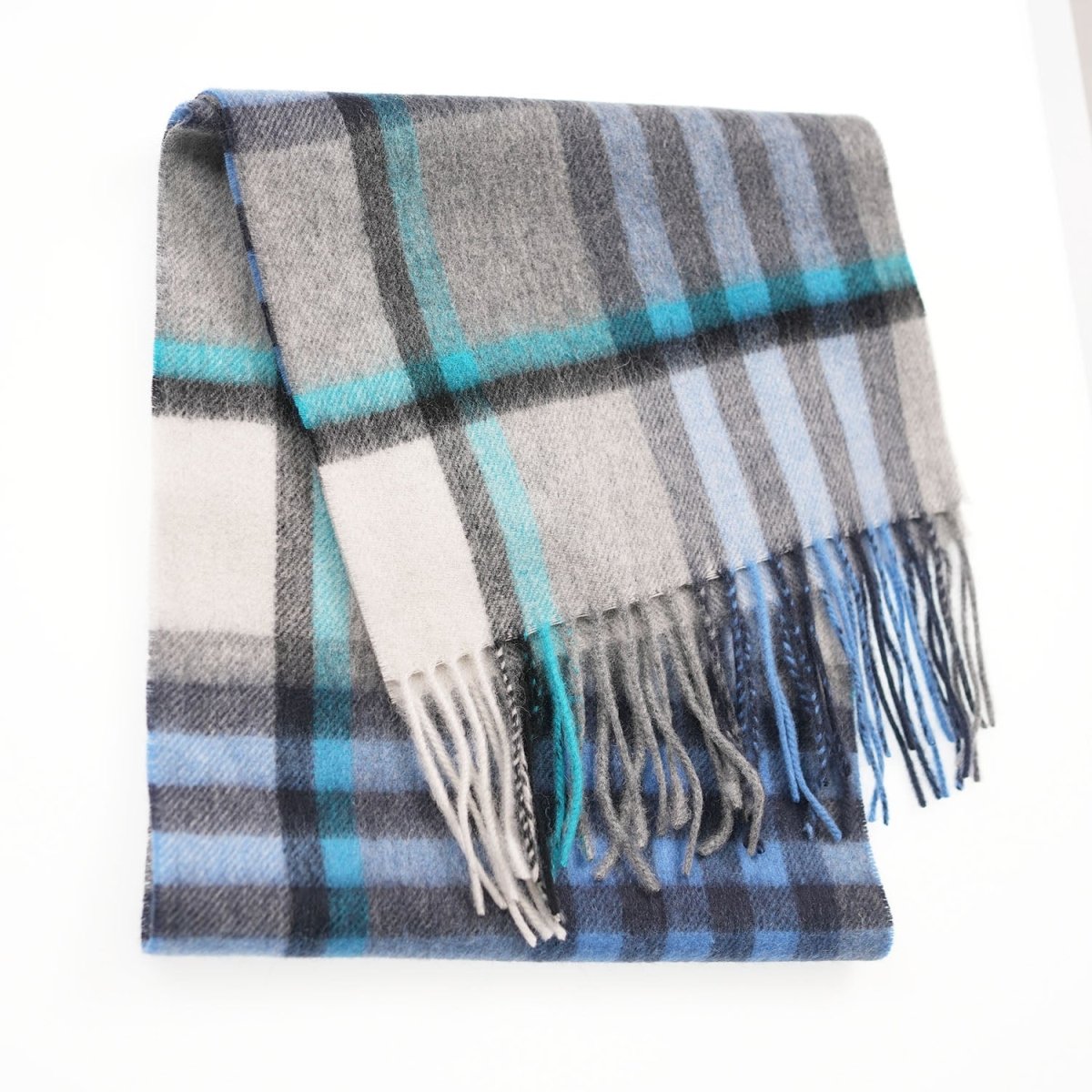 Edinburgh 100% Lambswool Scarf – Premium Soft Wool Wrap - Chequer Tartan Bright Blue and Grey - Heritage Of Scotland -
