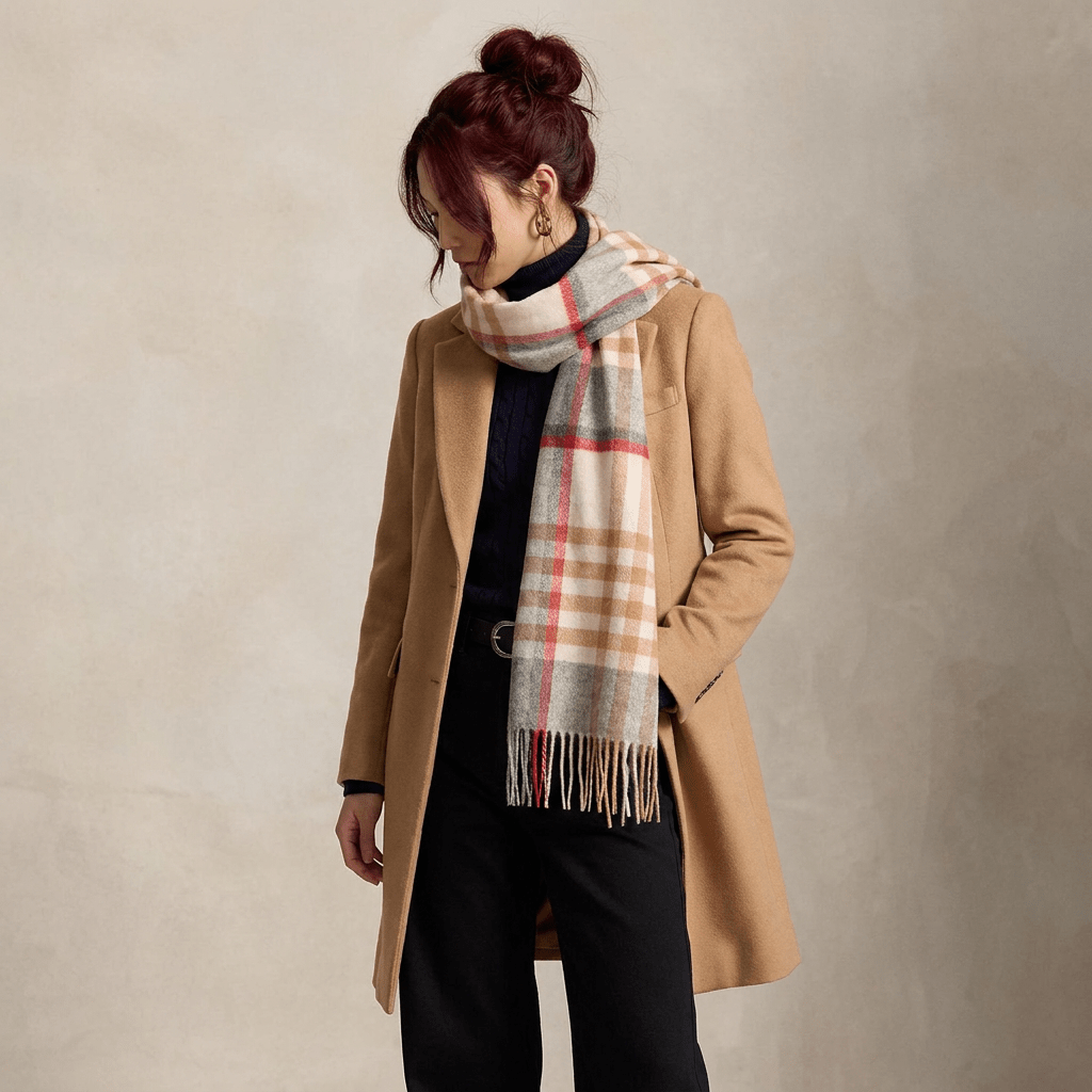 Edinburgh 100% Lambswool Scarf – Premium Soft Wool Wrap - Chequer Tartan Light Camel and Grey - Heritage Of Scotland -