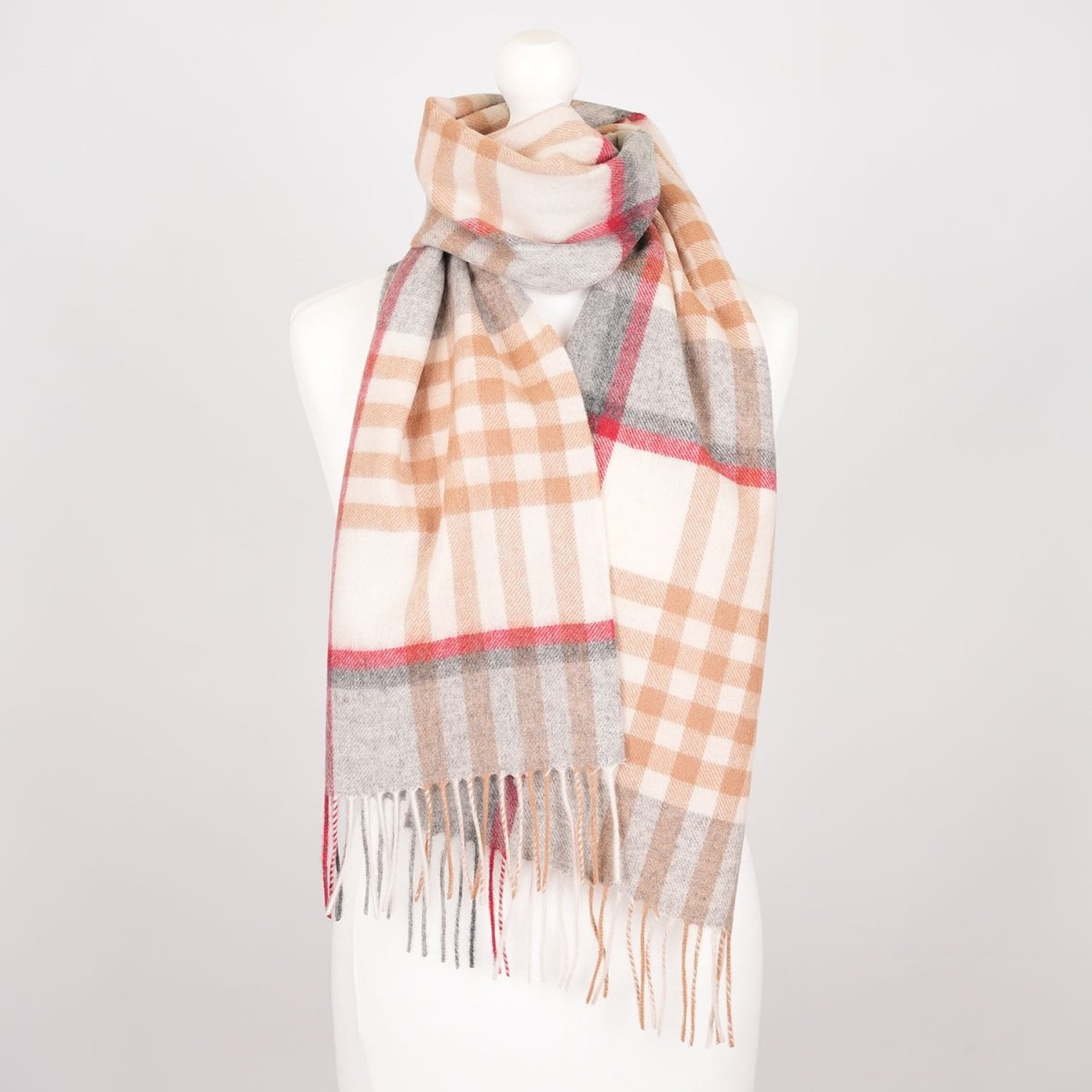Edinburgh 100% Lambswool Scarf – Premium Soft Wool Wrap - Chequer Tartan Light Camel and Grey - Heritage Of Scotland -