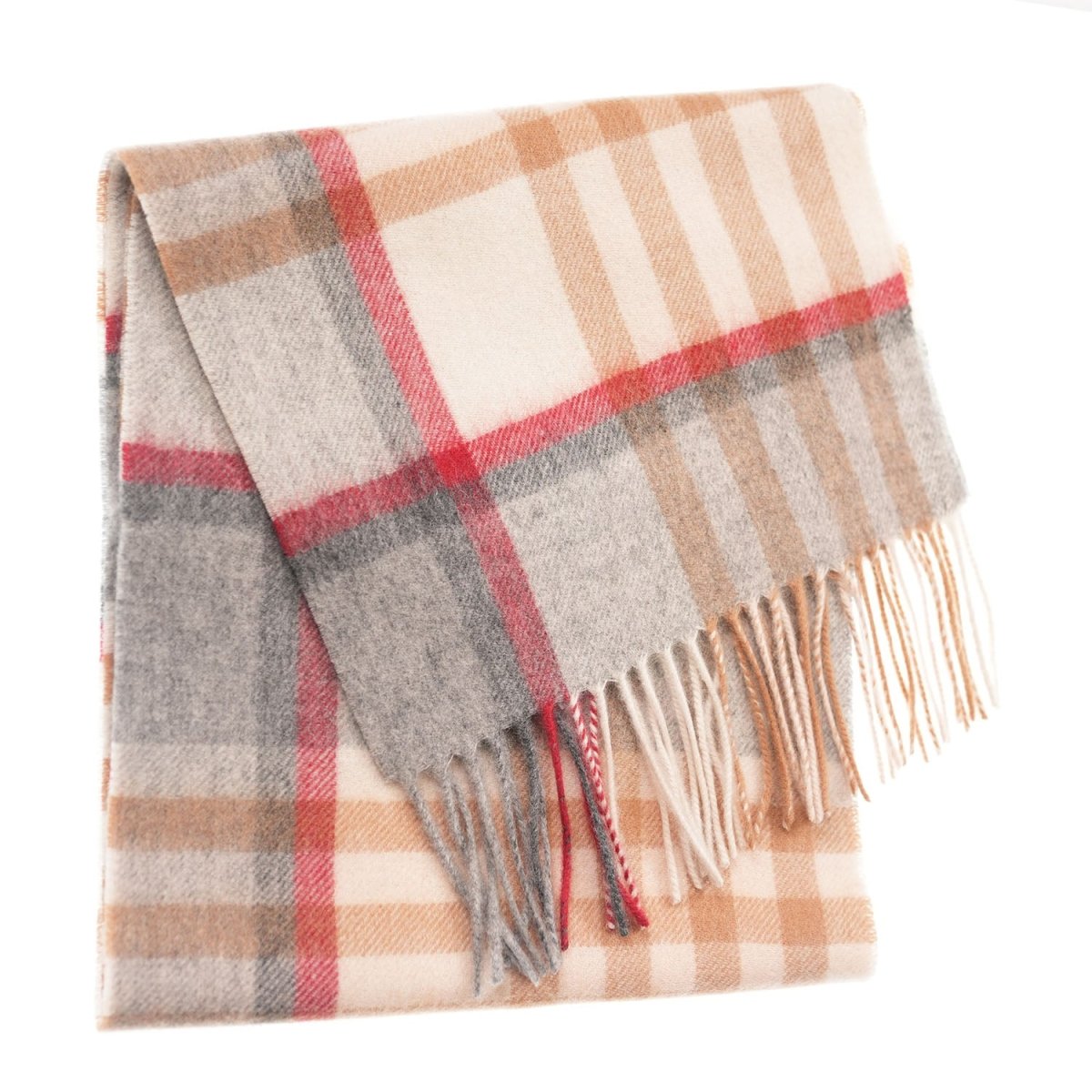 Edinburgh 100% Lambswool Scarf – Premium Soft Wool Wrap - Chequer Tartan Light Camel and Grey - Heritage Of Scotland -