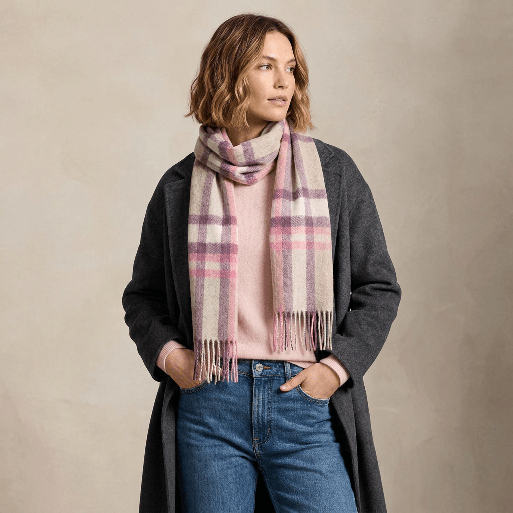 Edinburgh 100% Lambswool Scarf – Premium Soft Wool Wrap - Deco Check Peony - Heritage Of Scotland -