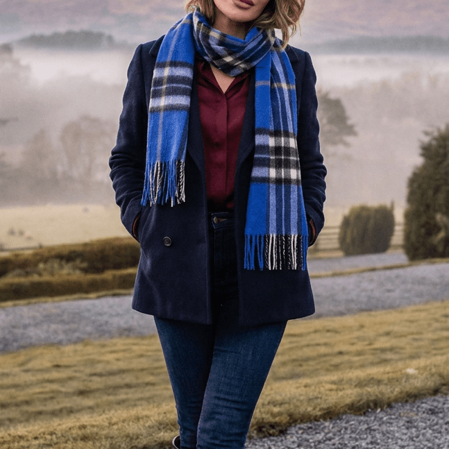 Edinburgh 100% Lambswool Scarf – Premium Soft Wool Wrap - Enlarged Off-Centred Scotty Thom Ultramarine - Heritage Of Scotland -