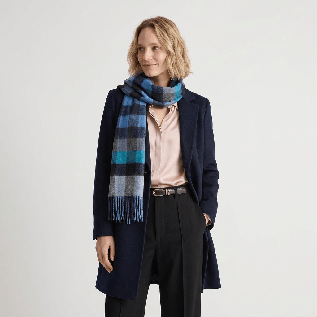 Edinburgh 100% Lambswool Scarf – Premium Soft Wool Wrap - Giant Chequer Navy/Blue - Heritage Of Scotland -
