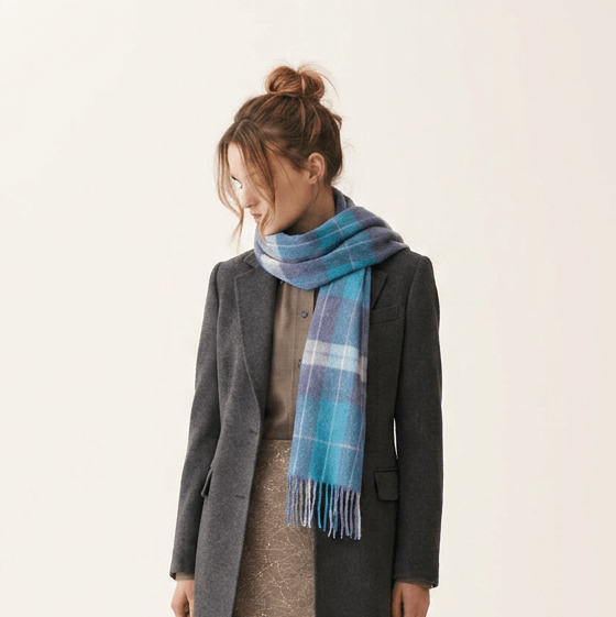 Edinburgh 100% Lambswool Scarf – Premium Soft Wool Wrap - Heivon Check - Denim - Aqua - Lazuli - Heritage Of Scotland -