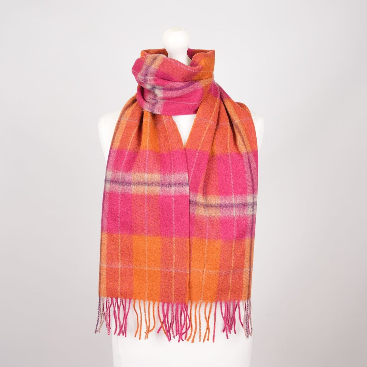 Edinburgh 100% Lambswool Scarf – Premium Soft Wool Wrap - Heivon Check - Radicchio and Oriental Ginger - Heritage Of Scotland -