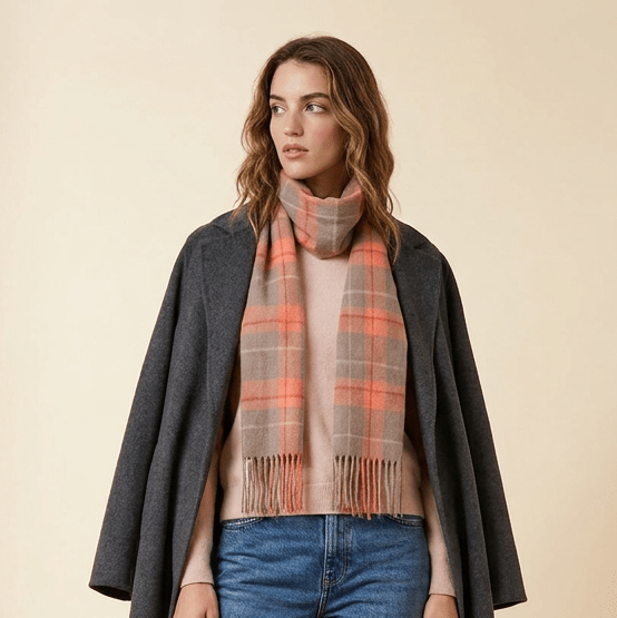 Edinburgh 100% Lambswool Scarf – Premium Soft Wool Wrap - Heivon Tattersall - Warm Taupe/Coral - Heritage Of Scotland -